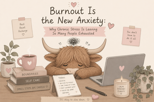 A highland cow stressed with blog title over head